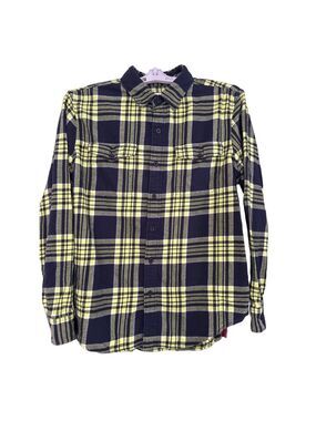 Men's American Eagle Plaid Casual Button Down Shirt L Navy Yellow Grunge Casual